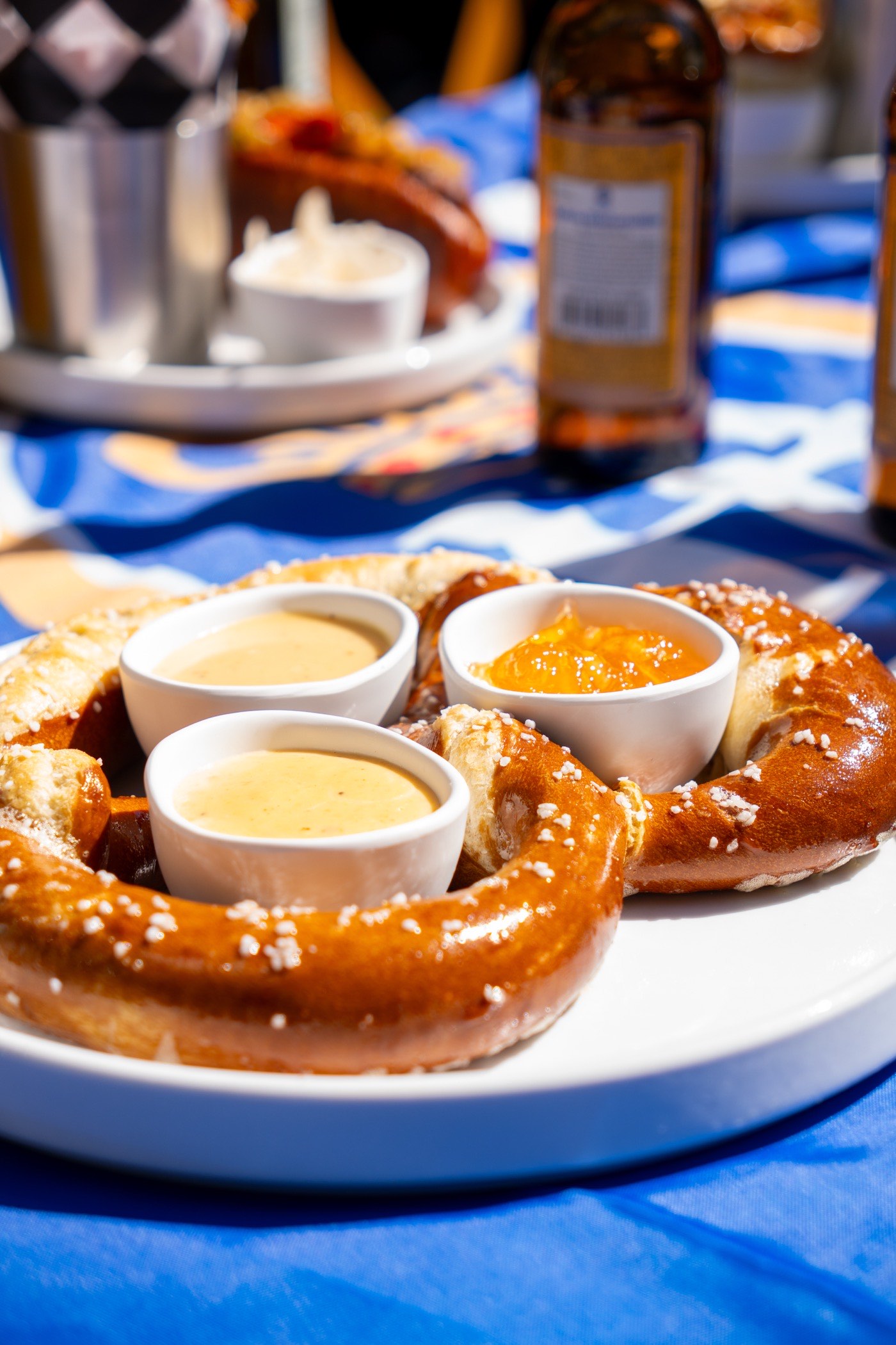 Warm Bavarian pretzels served with beer cheese, mustard and apricot dipping sauces