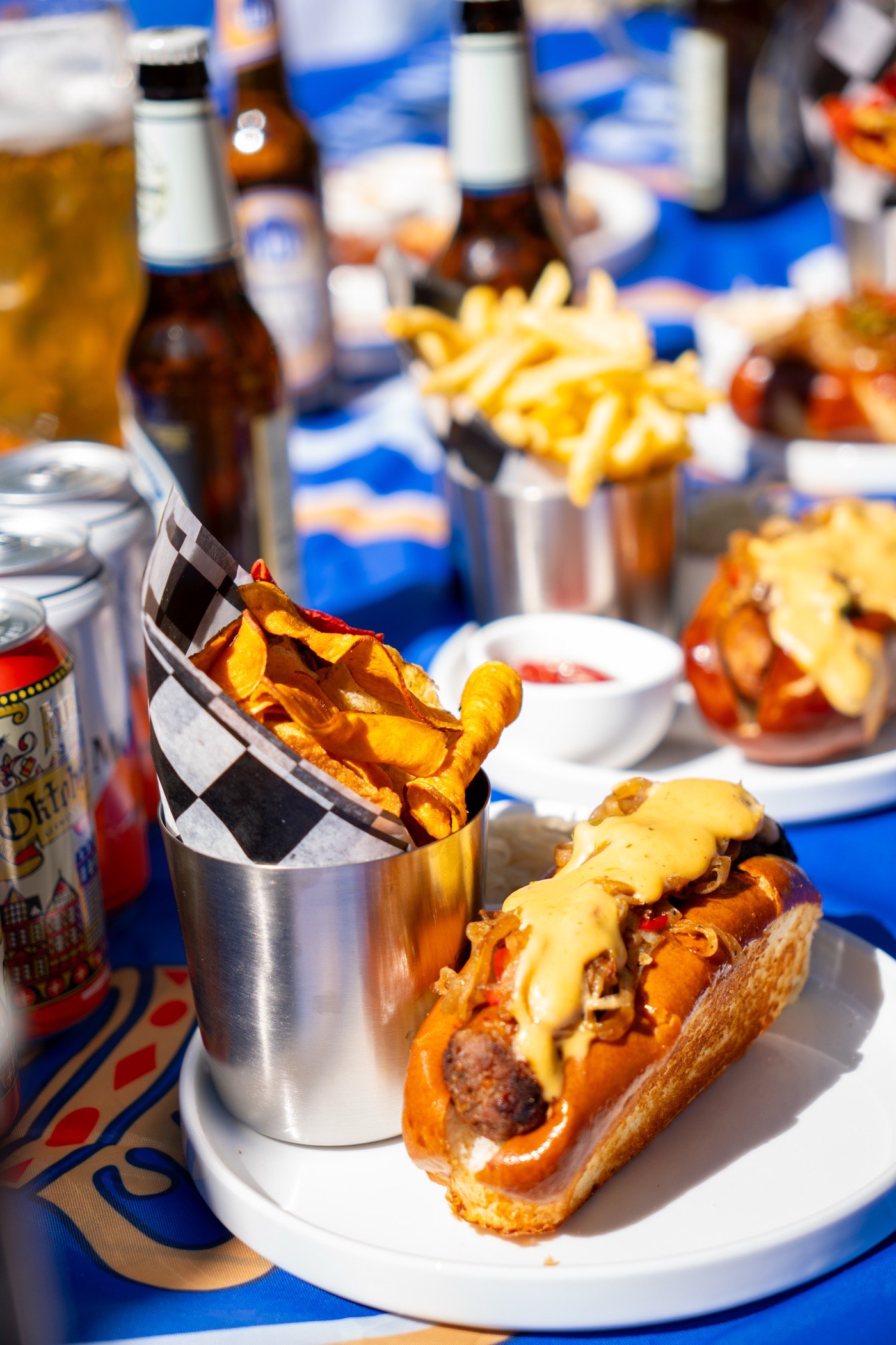 A bratwurst topped with grilled onions and beer cheese, served with fries and kettle chips